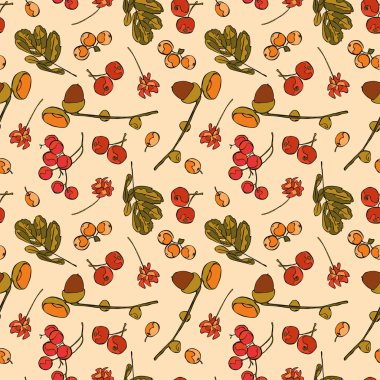 Acorns. Berries. Flowers. Leaves. Vector seamless illustration (background). Autumn pattern.