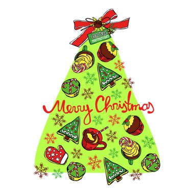 Mutlu Noeller. Noel anılar. Noel ağacı. Noel tatlılık ve hamur işleri. Çay, kahve, sıcak çikolata. Beyaz arka plan üzerinde izole vektör nesnesi.