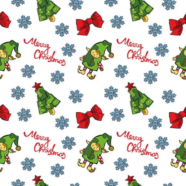 Merry Christmas. Christmas elf, Christmas tree, christmas decoration and snowflakes. Vector seamless illustration (background). — Stock Vector