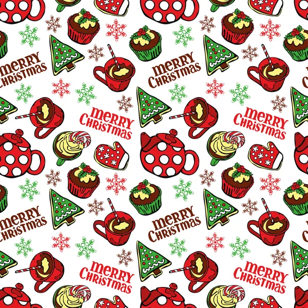 Merry Christmas. Christmas sweetness and pastries. Christmas tea party. Vector seamless illustration (background). — Stock Vector