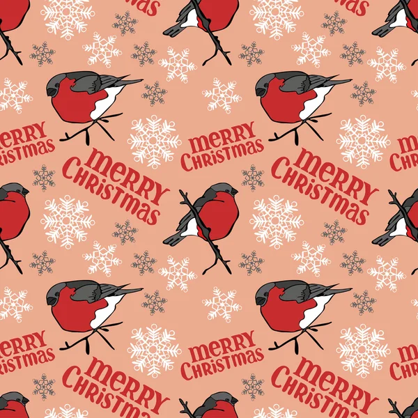 Merry Christmas. Bullfinches and snowflakes. Vector seamless illustration (background). — Stock Vector