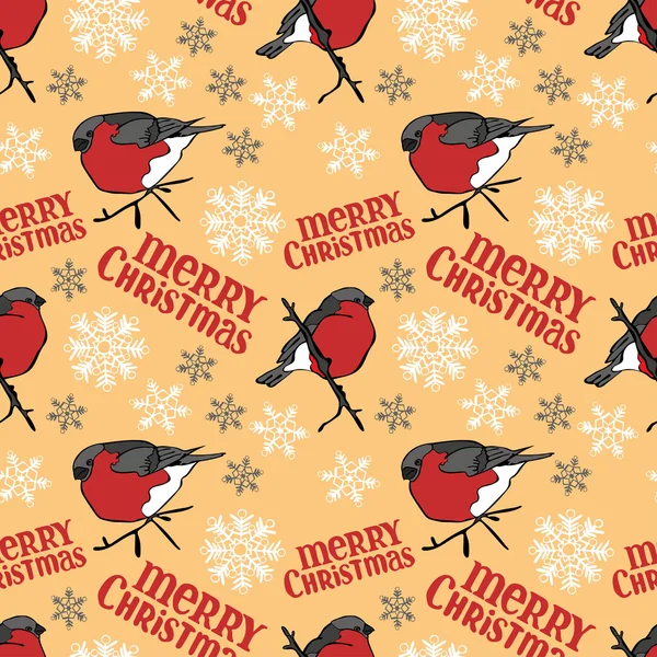 Merry Christmas. Bullfinches and snowflakes. Vector seamless illustration (background). — Stockvector