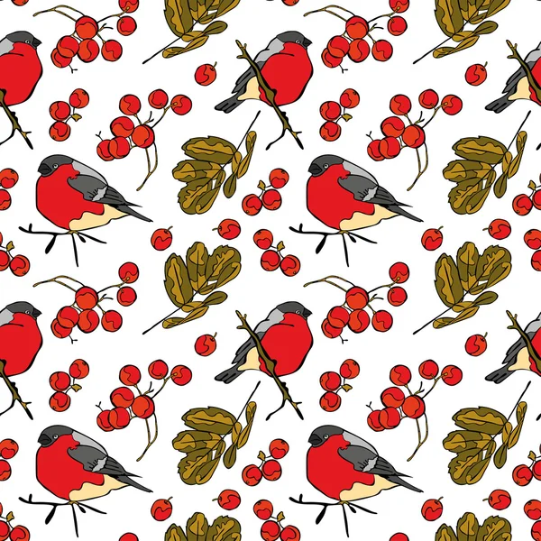 Bullfinches and rowan. Winter pattern. Vector seamless pattern (background). — Stock Vector