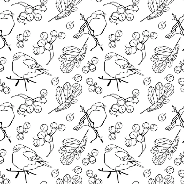 Bullfinches and rowan. Winter pattern. Vector seamless pattern (background).