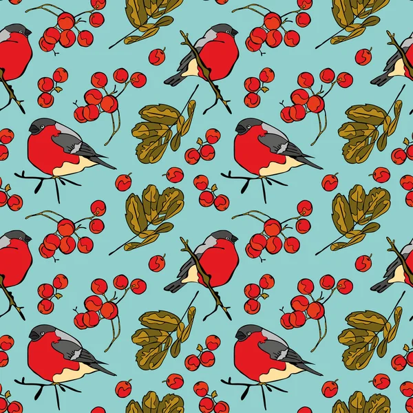 Bullfinches and rowan. Winter pattern. Vector seamless pattern (background). — Stock vektor