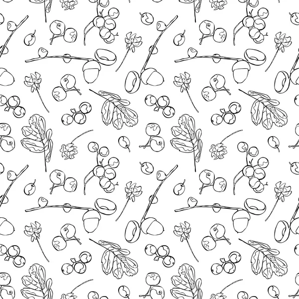 Acorns. Berries. Flowers. Leaves. Vector seamless illustration (background). Autumn pattern. — Stock vektor