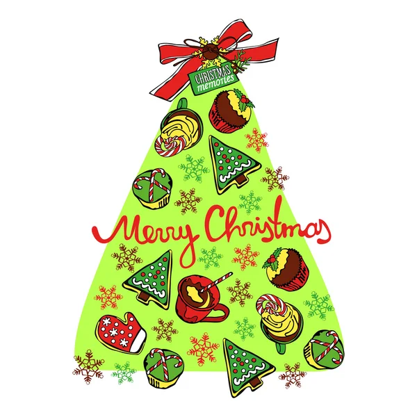 Merry Christmas. Christmas memories. Christmas tree. Christmas sweetness and pastries. Tea, coffee, hot chocolate. Isolated vector object on white background. — Stock Vector