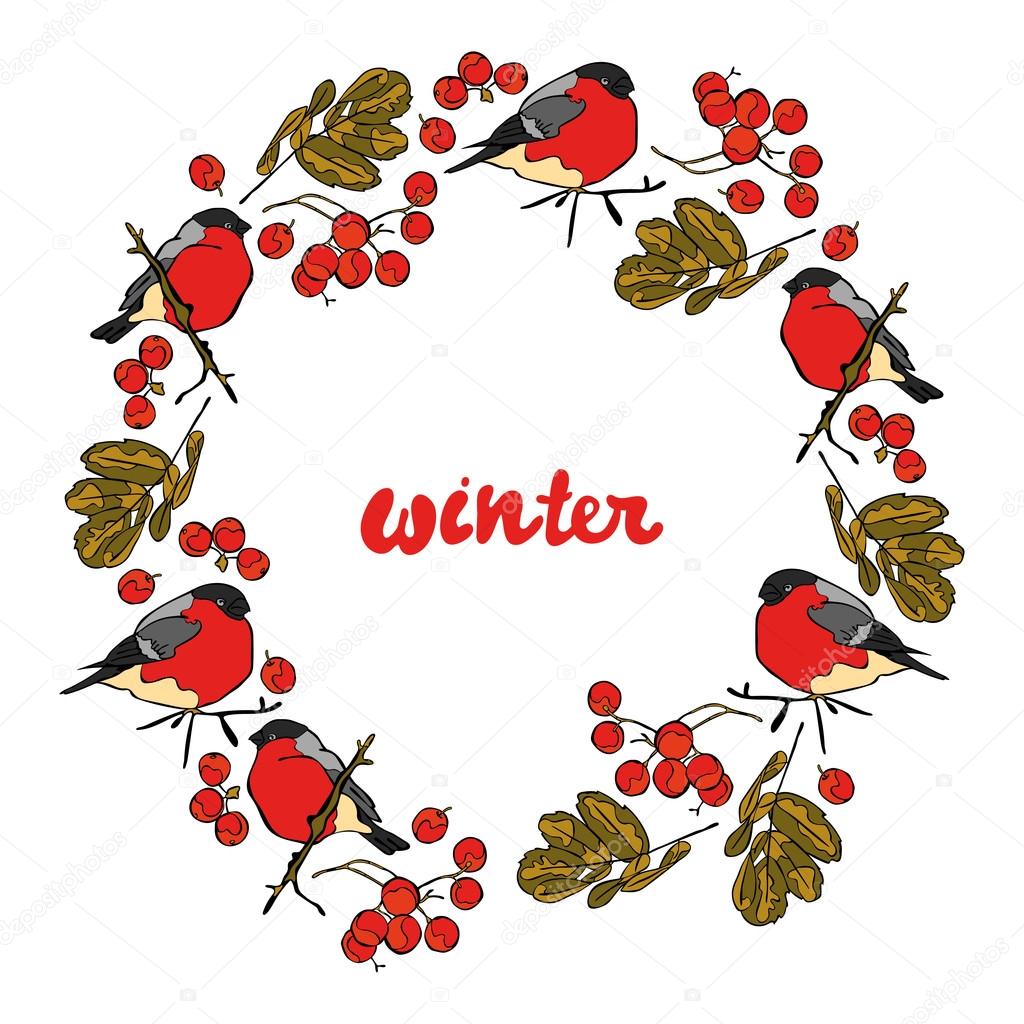 Winter. Winter pattern. Bullfinches and rowan. Frame - wreath.