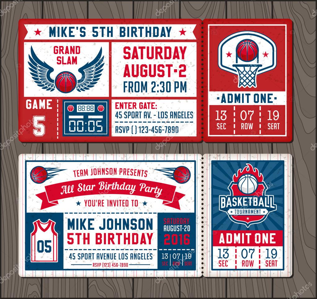 Colorful Vector Template Tickets for Basketball theme Party Invites