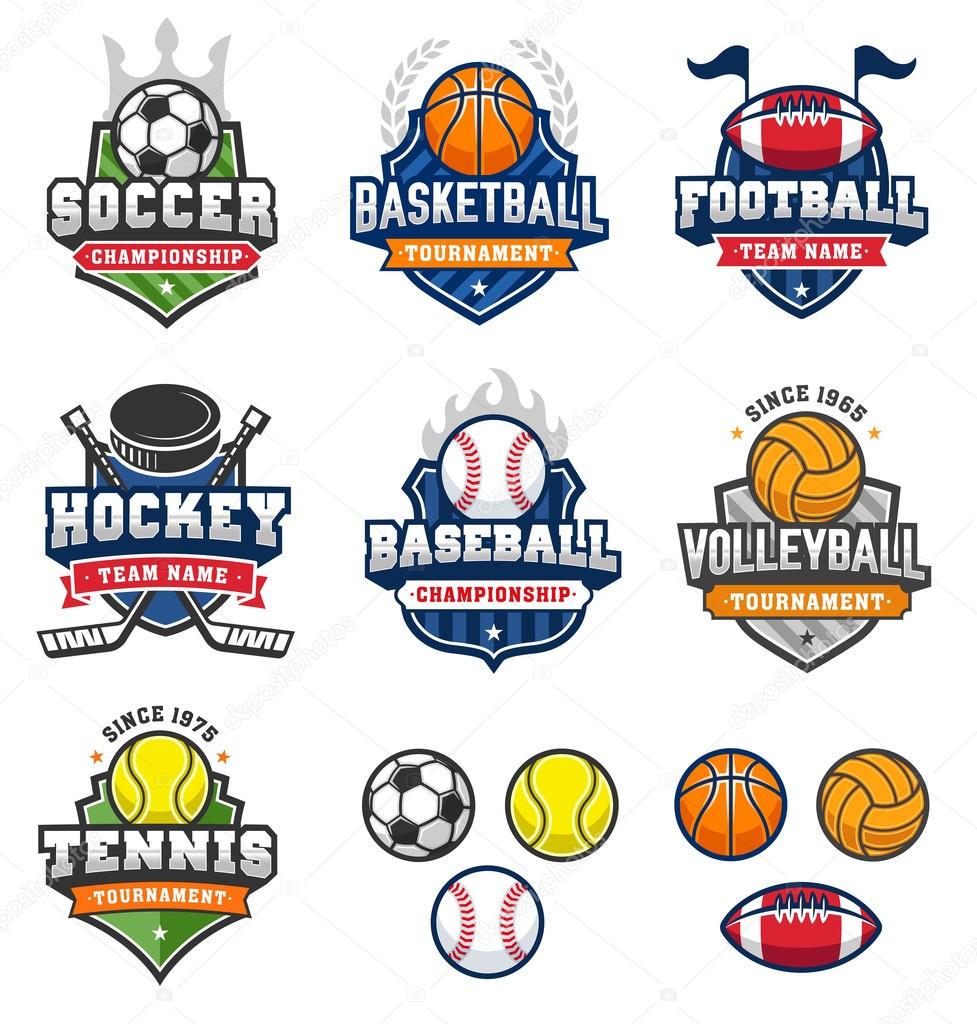 Collection of seven badges and insignias of the most famous sports in the world, with very nice themed cartoon equipmants illustrations.