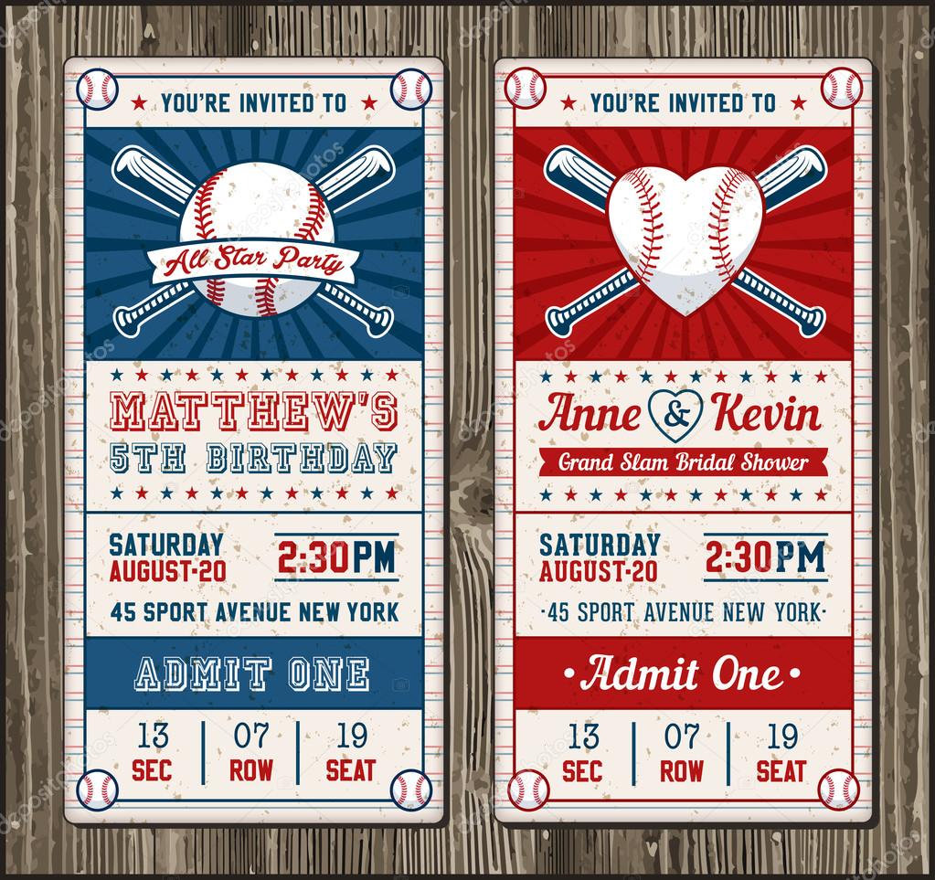 Vector illustrations for Vertical Invitation tickets for Baseball and softball themed events