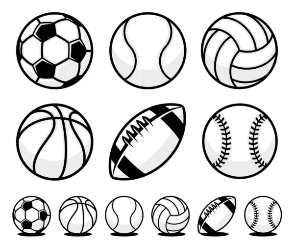 Σύνολο Από Ασπρόμαυρα Κινούμενα Σχέδια Αθλητικά Εικονίδια Μπάλα — Διανυσματικό Αρχείο