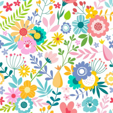 Çiçekli, palmiye dallı, yapraklı kusursuz desen. Yaratıcı çiçek dokusu. Kumaş ve Tekstil Vektörü İllüstrasyonu için harika