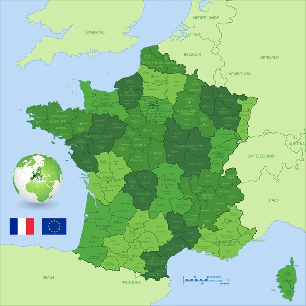 Francia Vector Mapa administrativo verde — Vector de stock