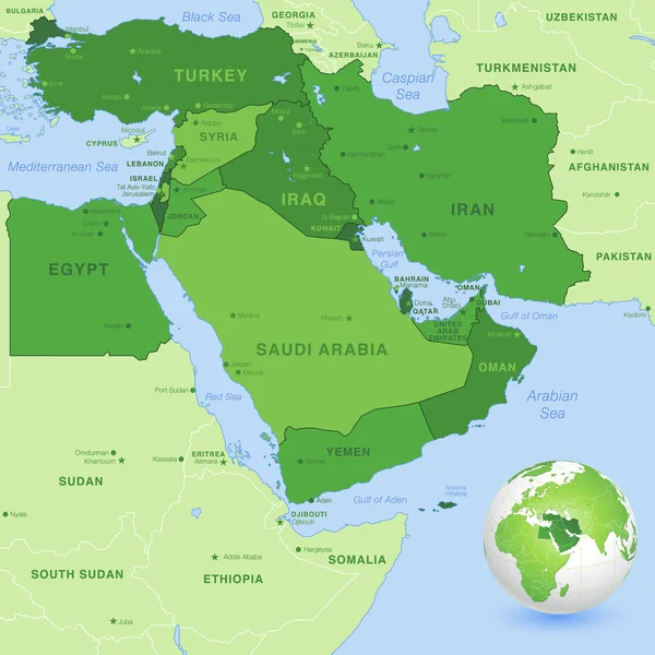 Vector Oriente Medio Mapa Verde — Archivo Imágenes Vectoriales