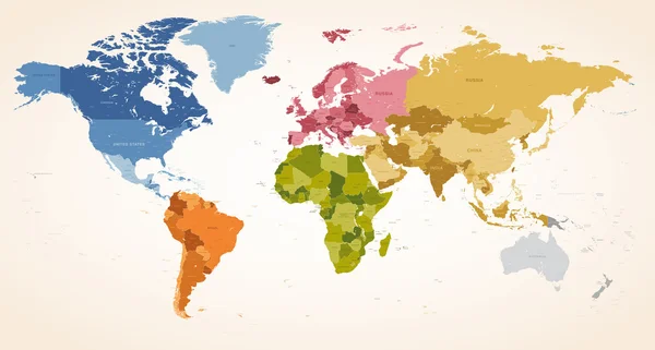 Vintage colores vector político Mapa del Mundo — Vector de stock