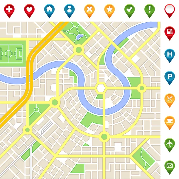 Imaginaire stad kaart met belangrijke plaatsen pictogrammen — Stockvector