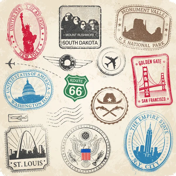 Monumenti USA francobolli grunge — Vettoriale Stock