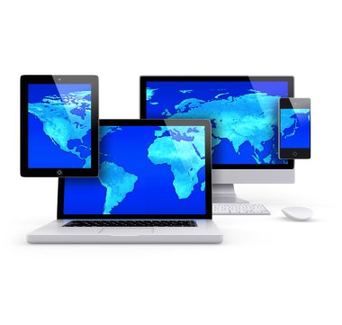Mavi Dünya Haritası ile bilgisayar ve mobil grup kavramı
