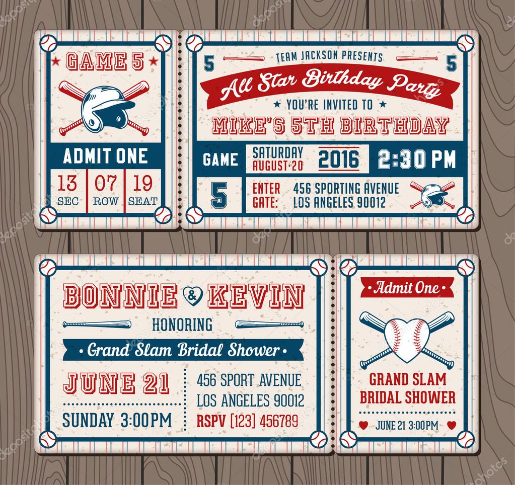 Vector illustrations for Invitation tickets for Baseball and softball themed events
