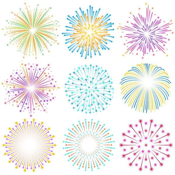 Conjunto de ilustrações de fogos de artifício coloridos vetoriais —  Vetores de Stock