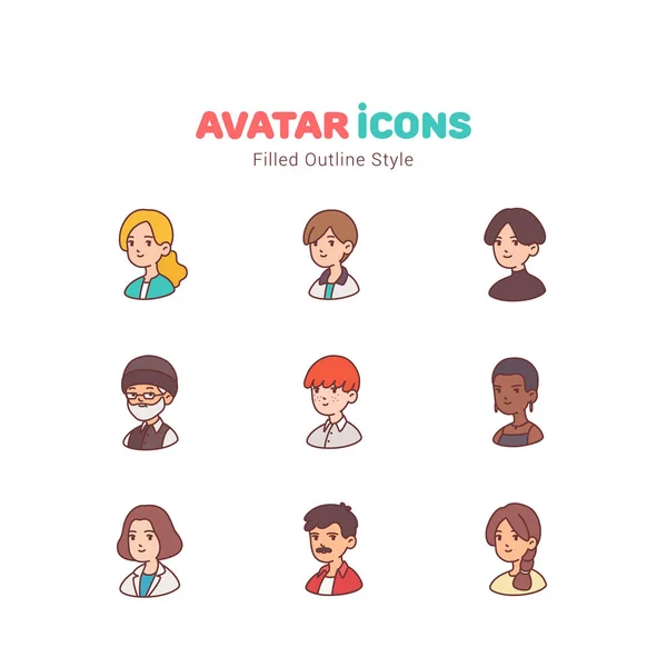 Lidé Avatar Vyplněné Barvy Obrysu Ikony Design — Stockový vektor