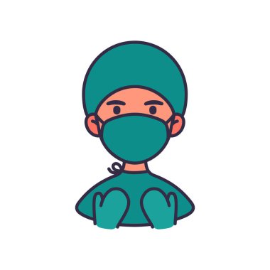 Koruyucu maskeli cerrah, şapka, eldiven ve laboratuvar önlüğü ikonu, vektör illüstrasyonu