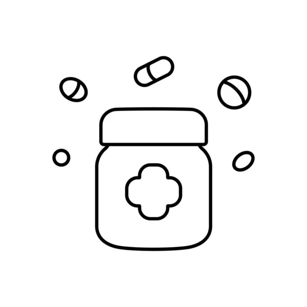 薬のアイコンが付いた瓶 あなたのデザインのための白い背景に隔離されたラインスタイルで設定された薬局のシンボルベクトルの概要 — ストックベクタ