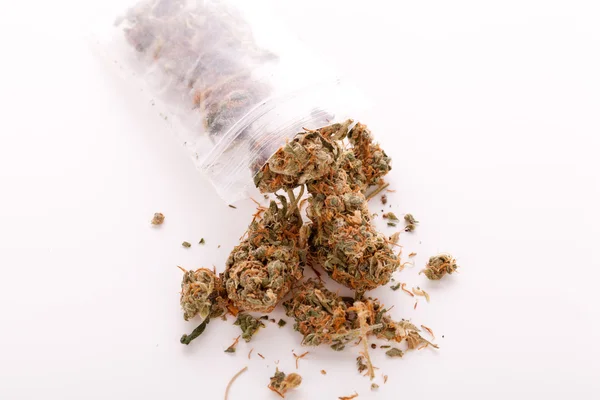 Close-up gedroogd marihuana verlaat op de tafel — Stockfoto