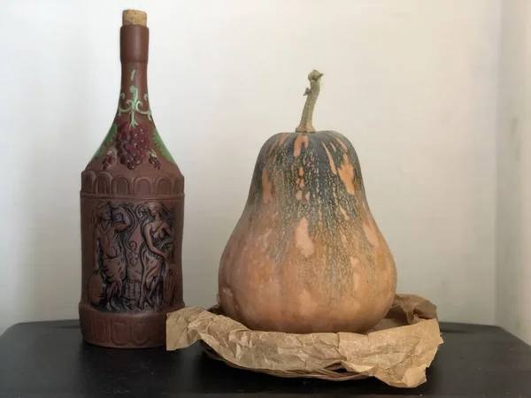 Still Life Bottle Wine Pumpkin — Stock Photo, Image