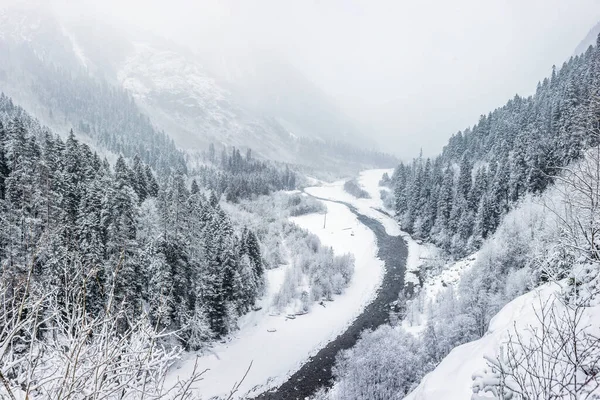 Turbulento Río Amanauz Con Pintoresco Bosque Nevado Sus Orillas Dombay — Foto de Stock