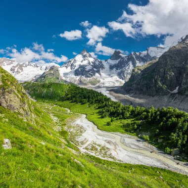 Güneşli yaz gününde dalgalı bir nehri olan güzel yeşil Adyl-Su geçidi. Büyük Kafkas Dağları, Kabardino-Balkaria, Elbrus Bölgesi.