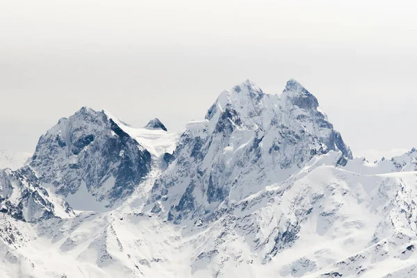 Karlı Ushba Dağı ve Schelda kışın bulutlu arka planda; Büyük Kafkasya, Rusya