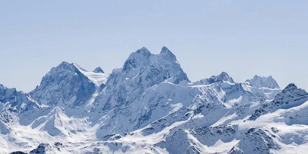 Vue Panoramique Sur Hiver Enneigé Ushba Schelda Autres Montagnes Grand — Photo