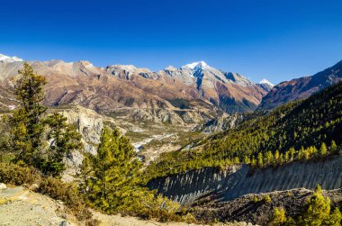 Braga köyü yakınlarındaki Marshyangdi nehir vadisi, Milarepa 'nın mağarasından manzara. Annapurna gezisi, Nepal.