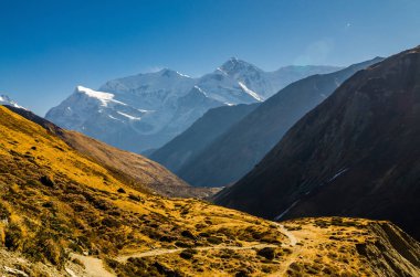 Manang köyünden Torung La 'ya giden yol karla kaplıydı. Güneşli bir günde Gangapurna Zirvesi. Annapurna gezisi, Nepal.
