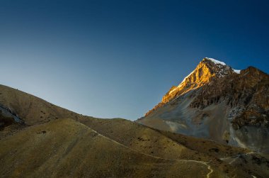 Yakwakang günbatımında Thorung La geçidine doğru yol alıyor. Annapurna gezisi, Nepal.
