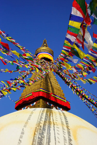 Prayer flags at the Boudhanath Stupa in the Kathmandu valley, Nepal