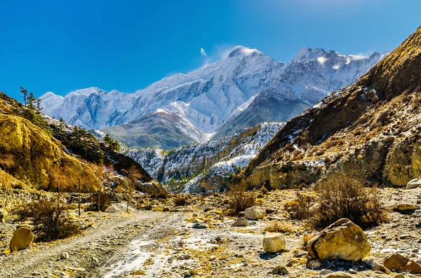 晴れた冬の日にヒマラヤの山の風景 雪に覆われた山へのトレッキングルート Nilgiri Kali Gandaki River Valley Annapurna Circuit Jomsom — ストック写真