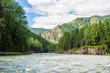 Balyktig hem nehri, yaz güneşli bir günde sarp kayalıkların arasında. Sibirya 'daki Sayan dağları, Rusya.