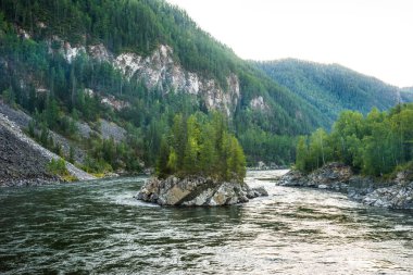 Alacakaranlık ağaçlarıyla kaplı Rocky Adası. Dağ nehirleri Balyiktyig hem ve Kyzil hem, Sibirya, Rusya.