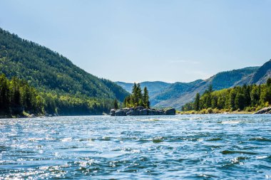 Sibirya dağ nehri Küçük Yenisei yaz güneşli bir günde.