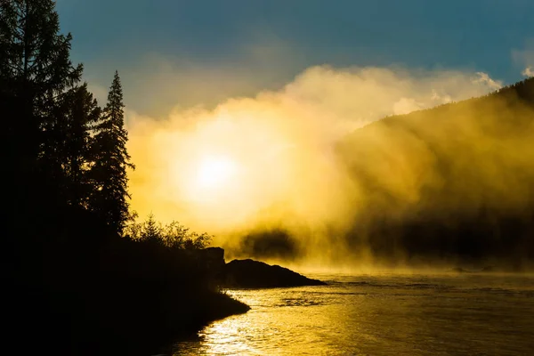 Sibirya Dağ Nehri Üzerindeki Altın Sis Yaz Sabahının Erken Saatlerinde — Stok fotoğraf