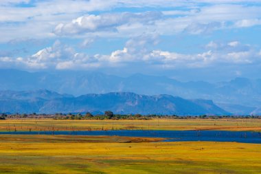 Uda Walawe gölünün ufukta dağları var. Sri Lanka 'daki Udawalawe Milli Parkı.