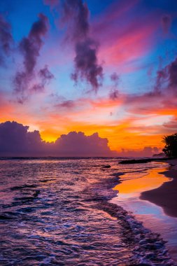 Gün batımında vahşi sahilde parlak renkli bulutlu bir gökyüzü. Hint Okyanusu kıyısı, Sri Lanka.