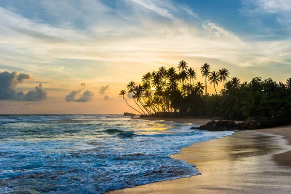 Prachtige Zonsondergang Onder Kokosnoot Plams Het Troische Strand Unawatuna Sri — Stockfoto