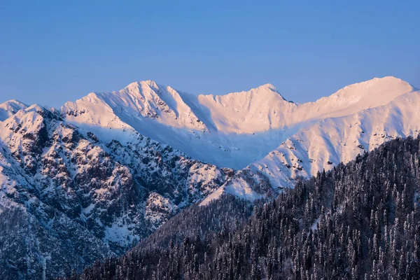 Paisaje Nocturno Invierno Las Montañas Del Cáucaso Vista Del Atardecer — Foto de Stock