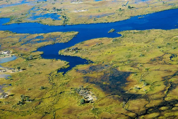 Uitzicht Vanuit Lucht Een Blauwe Rivier Zomer Groene Vlaktes Okavango — Stockfoto