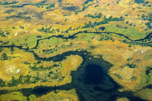 Okavango Deltası, Botsvana, Afrika 'daki nehirlerin, derelerin ve otlakların havadan görünüşü.