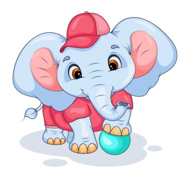 Kırmızı şapkalı şirin bir fil, komik bir bebek hayvan karakteri çizimi.